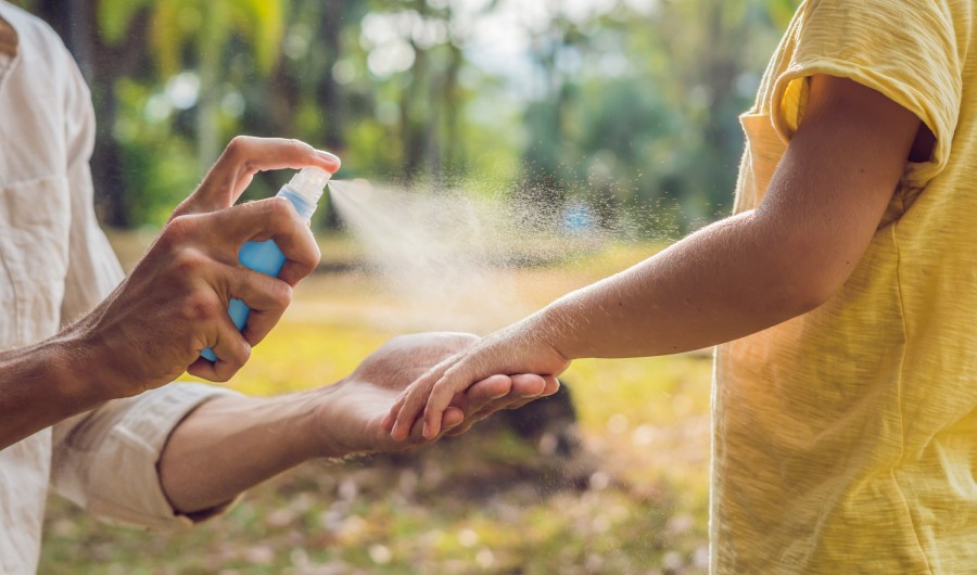 Dad and son use mosquito spray